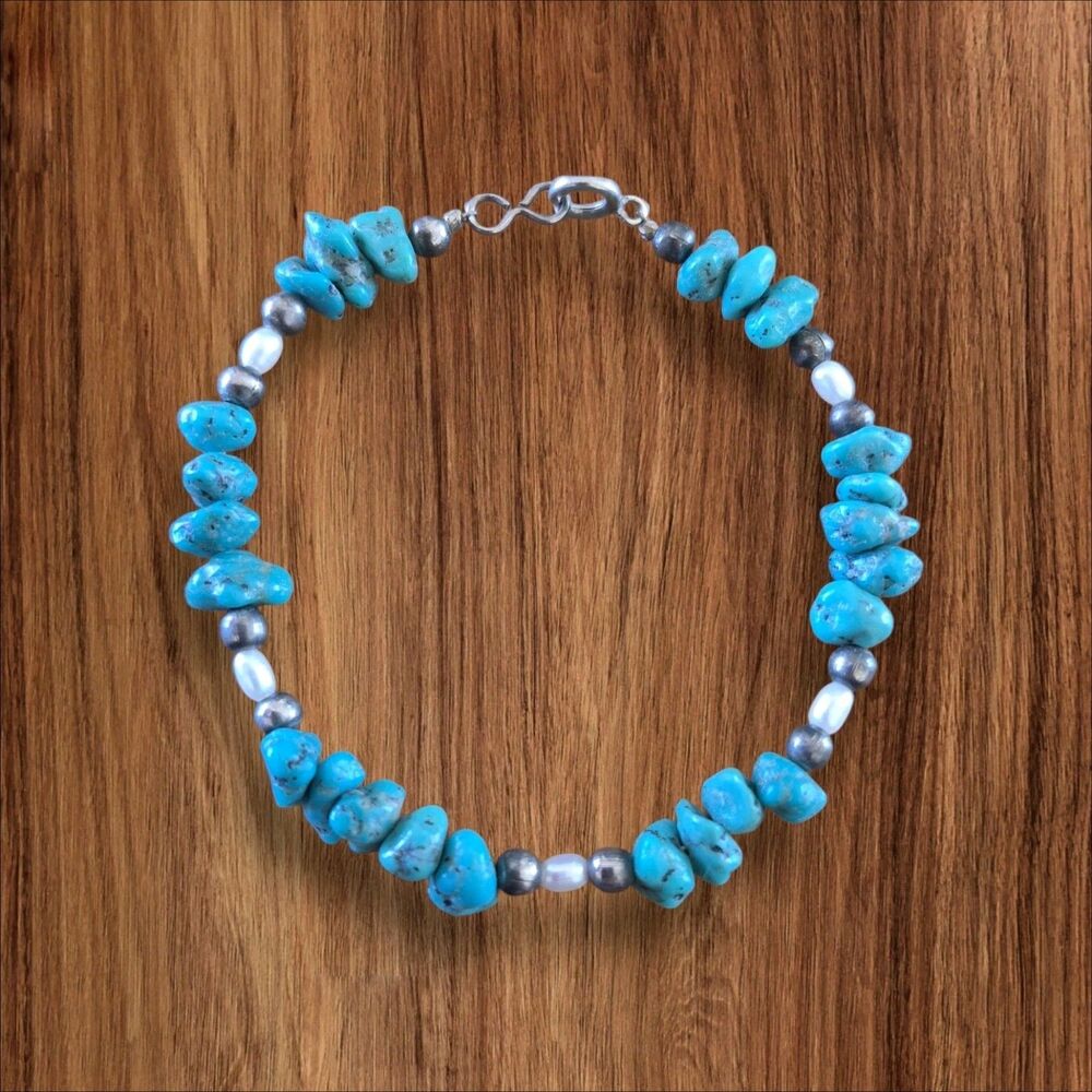 Vintage Turquouse Beaded Bracelet sterling Silver Freshwater Pearl Station 7.5"